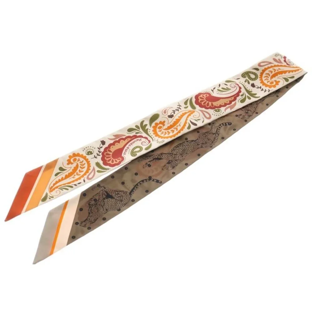 Hermes Twilly Guepards Bandana Blanc Orange Cuisine Silk Scarf - Picture 5 of 6